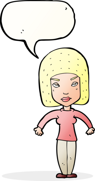 Bir insan tarafından çizilmiş konuşma baloncuğuyla omuz silken çizgi film kadını.