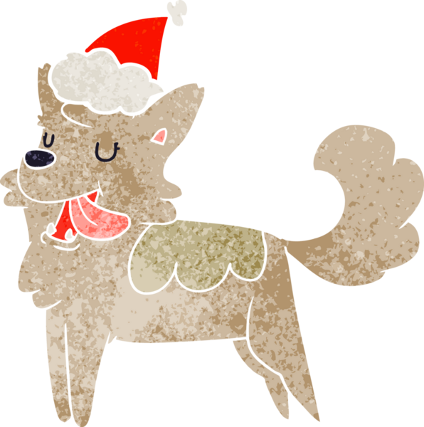 Bir insan tarafından çizilmiş Noel Baba şapkası giyen mutlu bir köpeğin el çizimi karikatürü.