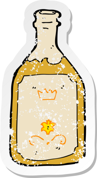 Çizgi filmin gerilimli retro etiketi bir insan tarafından çizilmiş içki şişesi.