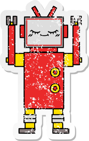 Bir insan tarafından çizilmiş sevimli bir robot çizgi film çıkartması.