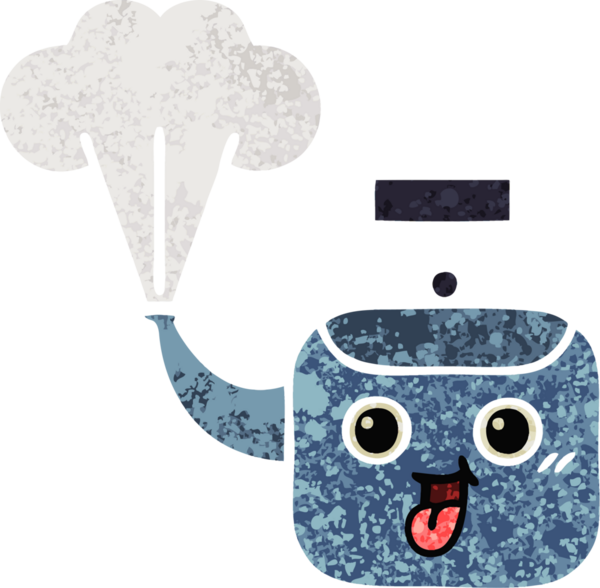 Bir insan tarafından çizilen dumanı tüten bir çaydanlığın retro çizim tarzı karikatürü