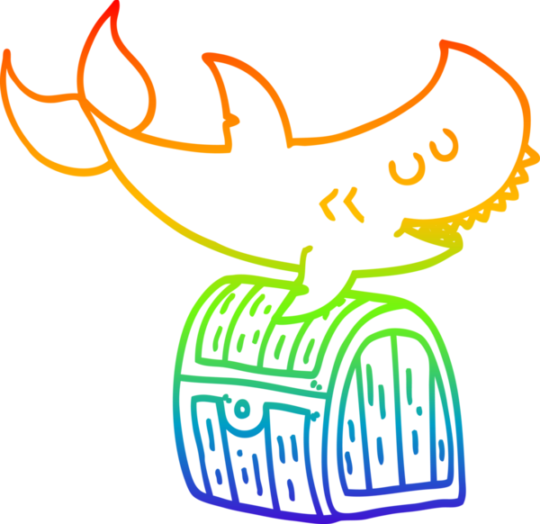 Bir insan tarafından çizilmiş hazine sandığının üzerinde yüzen çizgi film köpekbalığının çizimi.