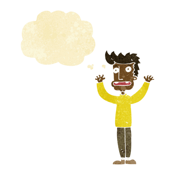 Bir insan tarafından çizilmiş düşünce baloncuğu olan stresli bir adam.