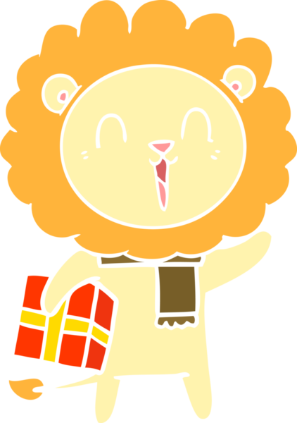 Gülen aslan düz renkli karikatür. Bir insan tarafından çizilmiş noel hediyesi.