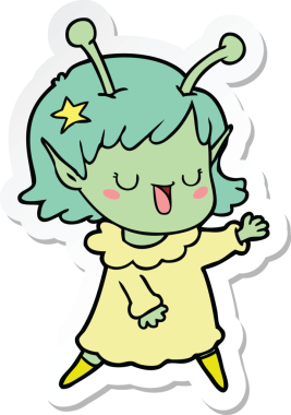 Bir insan tarafından çizilmiş mutlu uzaylı kız çizgi filminin çıkartması.