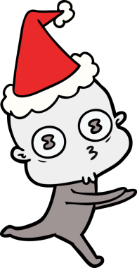 Bir insan tarafından çizilmiş Noel Baba şapkasıyla koşan kel bir uzaylının el çizimi.