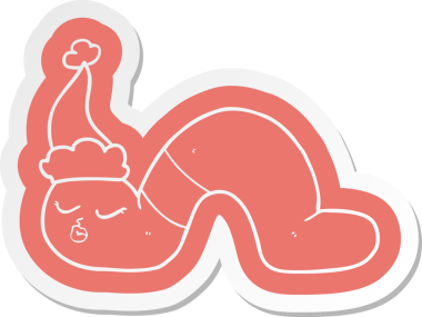 Bir insan tarafından çizilmiş Noel Baba şapkası giyen bir solucanın garip çizgi film etiketi.