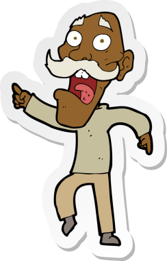 Çizgi film çıkartması. Bir insan tarafından çizilmiş korkmuş yaşlı bir adam.