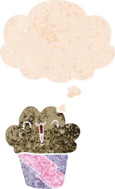 Yüzünde düşünce kabarcığı olan, grunge 'da sıkıntılı eski moda bir insan tarafından çizilmiş çizgi film keki.