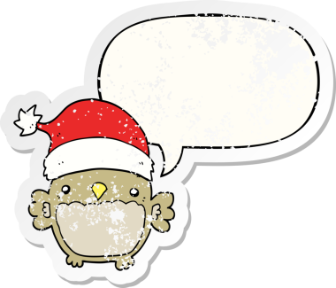 Tatlı noel baykuşu, konuşma baloncuğu, bir insan tarafından çizilmiş sıkıntılı eski bir çıkartma.