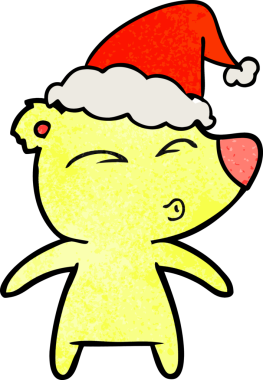 Bir insan tarafından çizilmiş Noel Baba şapkası takan bir ayının el çizimi karikatürü.