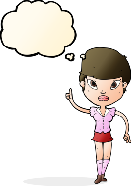 Bir insan tarafından çizilmiş düşünce baloncuğu fikri olan karikatür kadın.