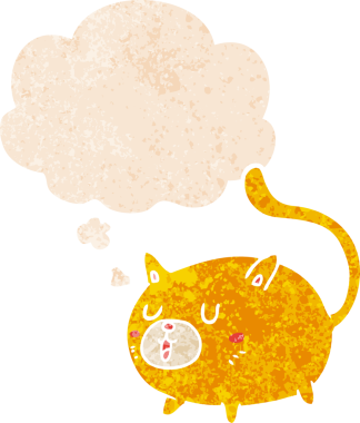 Düşünce baloncuklu çizgi film mutlu kedi grunge sıkıntılı retro dokuma bir insan tarafından çizilmiş