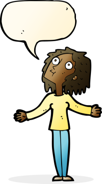 Çizgi film meraklısı kadın, bir insan tarafından çizilmiş konuşma balonuyla yukarı bakıyor.