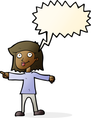 Bir insan tarafından çizilmiş konuşma balonuyla işaret eden mutlu kadın çizgi filmi.