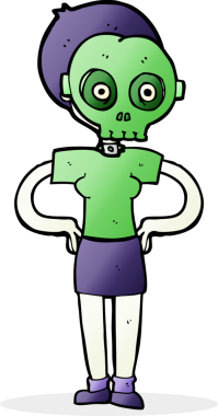 Cadılar Bayramı maskesi takan bir insan tarafından çizilmiş karikatür kadın.