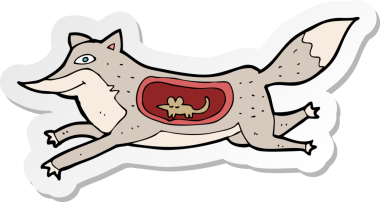 Bir insan tarafından çizilmiş göbeğinde fare olan bir kurt çizgi film etiketi.