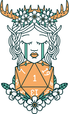 Retro Dövme Tarzı Ağlayan Elf Druid karakteri suratı Bir insan tarafından çizilmiş doğal bir D20 ruloyla