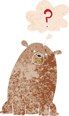 Düşünce baloncuğu ve grunge ile çizgi film meraklı ayı bir insan tarafından çizilmiş sıkıntılı retro dokuma tarzı