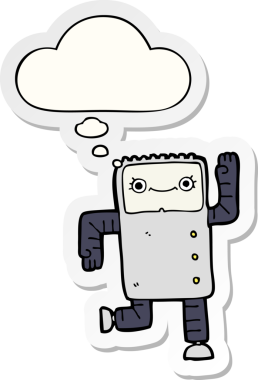 Düşünce baloncuğu insan tarafından çizilmiş bir çıkartma olan çizgi film robotu.