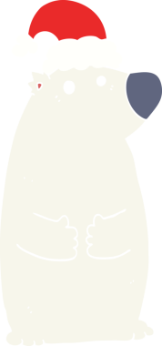 Düz renkli çizgi film ayısı bir insan tarafından çizilmiş noel şapkası giyiyor.