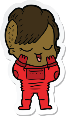 Bir insan tarafından çizilmiş uzay elbisesi içindeki mutlu çizgi film kızına ait çıkartma.