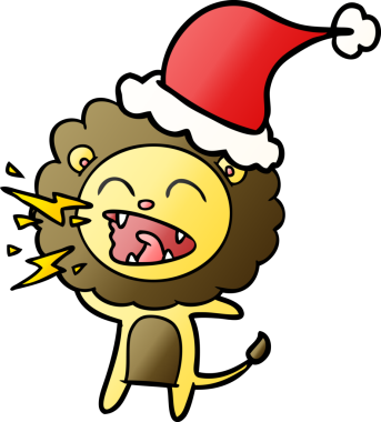 Bir insan tarafından çizilmiş Noel Baba şapkası giyen kükreyen bir aslanın el çizimi karikatürü.