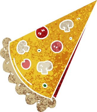 Retro illüstrasyon tarzı, bir insan tarafından çizilmiş tuhaf bir pizza dilimi.