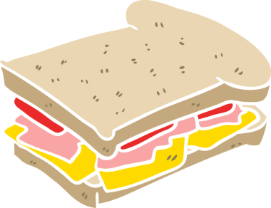 Bir insan tarafından çizilmiş düz renkli jambonlu sandviç.