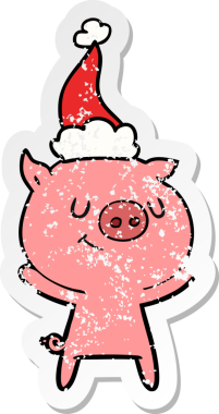 Mutlu el, insan tarafından çizilmiş Noel Baba şapkası takan bir domuzun kederli çıkartması.