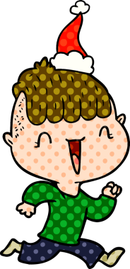 Bir insan tarafından çizilmiş Noel Baba şapkası giyen mutlu bir çocuğun el çizimi çizgi roman tasviri