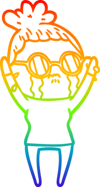 Gökkuşağı gradyan çizgi çizimi. Bir insan tarafından çizilmiş gözlük takan ağlayan bir kadın.