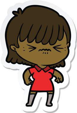 Bir insan tarafından çizilmiş kızgın bir çizgi film kızına ait etiket.