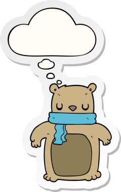 Düşünce baloncuklu eşarplı çizgi film ayısı insan tarafından çizilmiş bir çıkartma gibi.