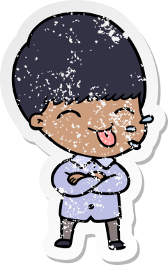 Bir insan tarafından çizilmiş dili çıkmış bir çizgi film çocuğunun sıkıntılı çıkartması.