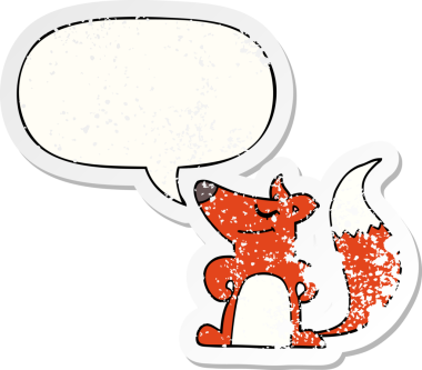 Konuşma baloncuğu olan çizgi film tilkisi, bir insan tarafından çizilmiş sıkıntılı eski bir çıkartma.