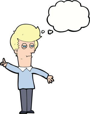 Bir insan tarafından çizilmiş düşünce baloncuğuyla gözlerini kısarak bakan çizgi film adamı.