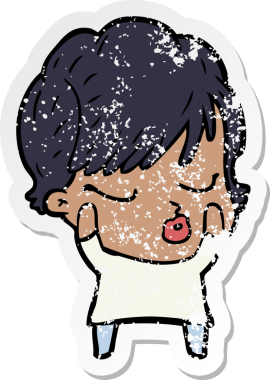 Bir insan tarafından çizilmiş gözleri olan karikatürlü bir kadının sıkıntılı çıkartması.