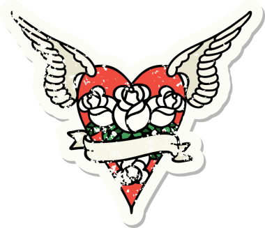 Geleneksel bir stil olan, çiçek ve pankart çizilmiş uçan kalp dövmesi.