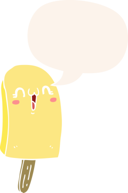 Karikatür donmuş buz lolipopu ve insan tarafından çizilmiş retro tarzı konuşma balonu.