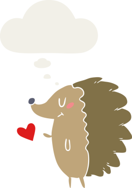 Düşünce baloncuğu insan tarafından çizilmiş şirin bir kirpi çizgi filmi.