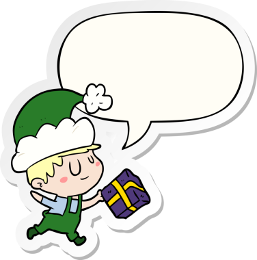 Mutlu noel elfi. Yanında bir insan tarafından çizilmiş konuşma balonu çıkartması var.