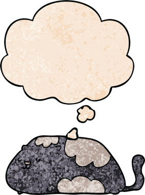 Bir insan tarafından çizilmiş grunge desenli düşünce baloncuklu çizgi film kedisi.