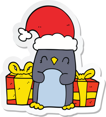 Bir insan tarafından çizilmiş şirin bir Noel pengueninin çıkartması.