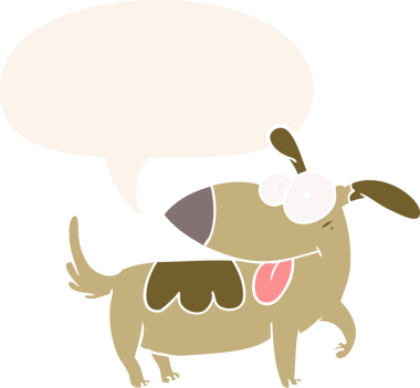 bir insan tarafından çizilmiş, konuşma baloncuğu olan çizgi film mutlu köpek.