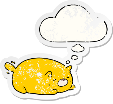 Düşünce baloncuğu olan çizgi film kedisi insan tarafından çizilmiş yıpranmış bir çıkartma.