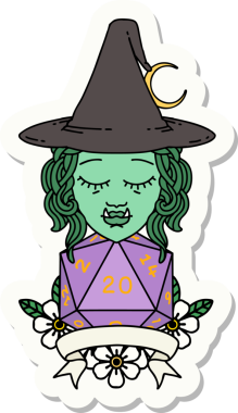 Bir insan tarafından çizilmiş doğal 20 zarlı yarım ork cadı karakterinin çıkartması.