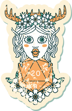 Retro Dövme Tarzı Elf Karakteri Nautral 20 zar bir insan tarafından çizilmiş