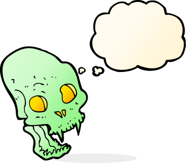 Bir insan tarafından çizilmiş düşünce baloncuklu korkunç vampir kafatası.