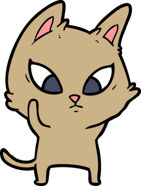 Bir insan tarafından çizilmiş kafası karışmış çizgi film kedisi.